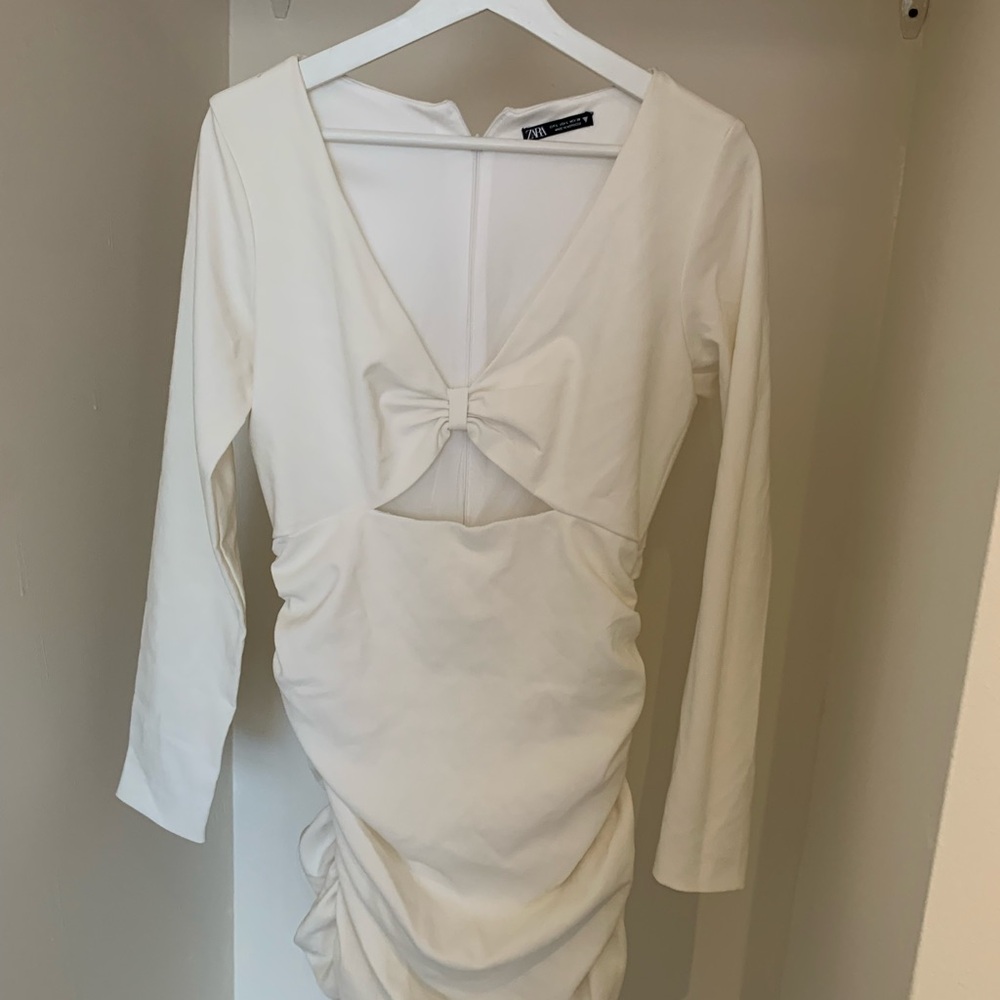 Zara Cream Long Sleeve Dress with Bow Detail
